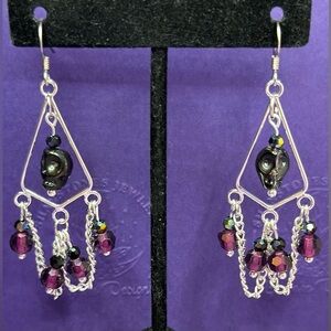 Skulls and Red Crystal Dangle Chandelier Earrings by Shanstones Bespoke Designs